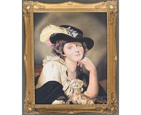 20th century, oil on canvas, portrait of a lady in hat, 50x40cm 