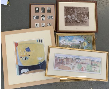 A quantity of prints and photographs to include a C Fothergill signed and numbered print of a marketplace, Elvis photographs,