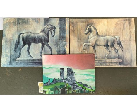 Two canvas prints of horses after Elaine Vollherbst, together with a painting, 'Corfe' by R Tonkin (3)