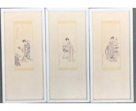 Three prints of Japanese Geishas, each 17x6.5cm 