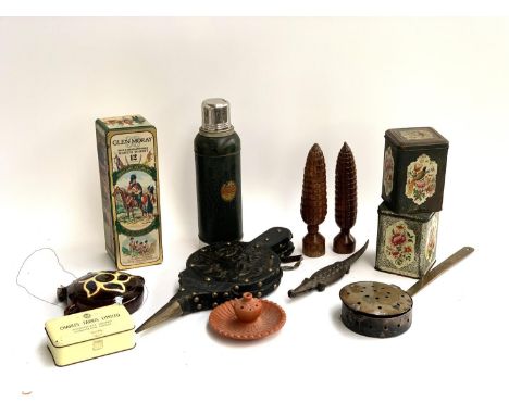 A mixed lot to include vintage Stanley Vacuum Bottle Thermos, bellows, wooden finials, various tins, etc 