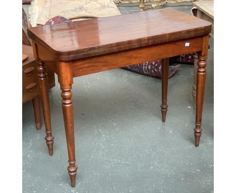 A 19th century mahogany card table, on turned legs, 86x42.5x74cmH 