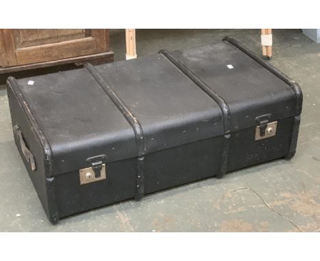 A canvas and banded black painted travel trunk, 91cmW 