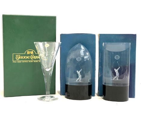 A boxed Irish Tyrone crystal engraved wine glass, together with 2 laser engraved golf trophies 