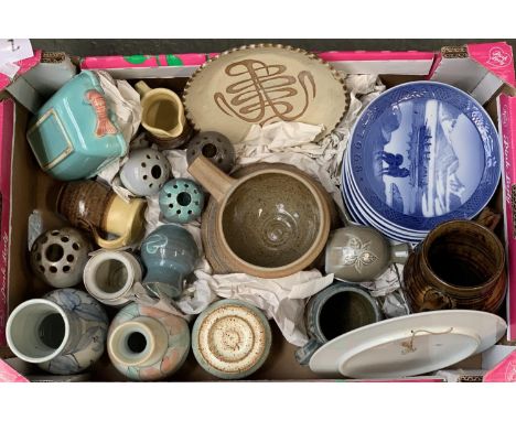 A mixed lot of Studio Pottery to include Leach; Fishley-Holland; 10 vintage Royal Copenhagen Xmas plates; etc. 