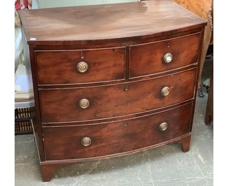 A 19th century mahogany bowfront chest of two short over two long drawers, on later bracket feet, 91x50x82cmH 