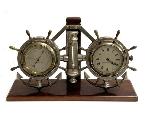 A Cooke &amp; Kelvey London &amp; Calcutta barometer, thermometer, and clock, in the form of two ship's wheels 