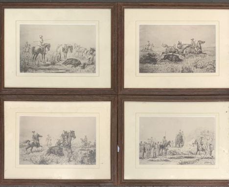 After Albert Dubus, a set of four prints of pig sticking, each 16x25cm, together with, by and after W Mathews, 19th century e