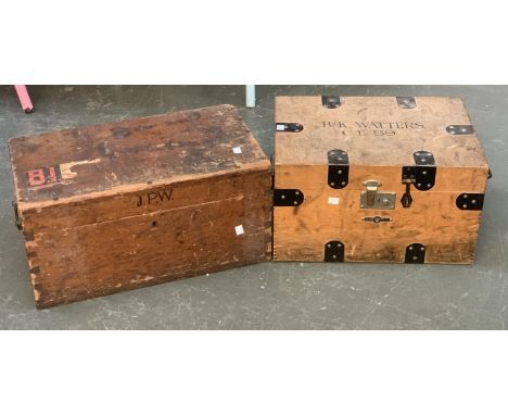 A vintage pine storage box, brass carry handles, 54cmW, monogrammed JPW; together with one other 