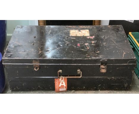 A black painted tin travel trunk, with contents, 81cmW 