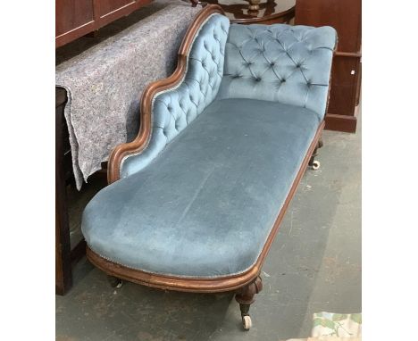A Victorian mahogany framed button back chaise longue, one leg af, 194cmL 