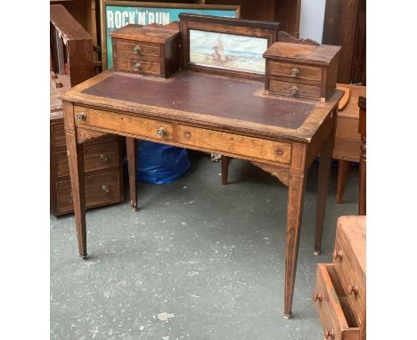 A rosewood writing desk (af), the top with two piers, each with two small drawers, central glazed panel inset with a watercol