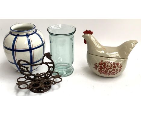 A cast iron egg holder, together with a ceramic chicken tureen, and 2 vases 