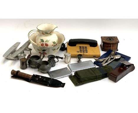 A mixed lot to include vintage phone, St Michael washbowl and jug, pewter, a US army ammo clip, torch toolkit, oar rests etc 