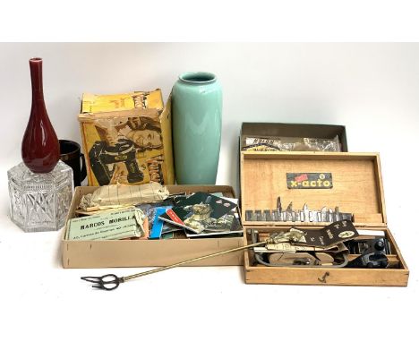 A mixed lot to include vases, vintage hairdressing items, cased x-acto knife set, boxed Vulcan sewing machine, box of postcar