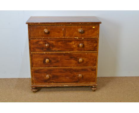 A Victorian stained pine chest of two short and three long drawers, on bracket feet, 95 x 51 x 101cms high.