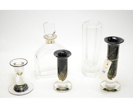 Three Isle of Wight glass candlesticks; a Costa Boda vase No. 44269 by D. Edensalk; and an Orrefors decanter with white metal