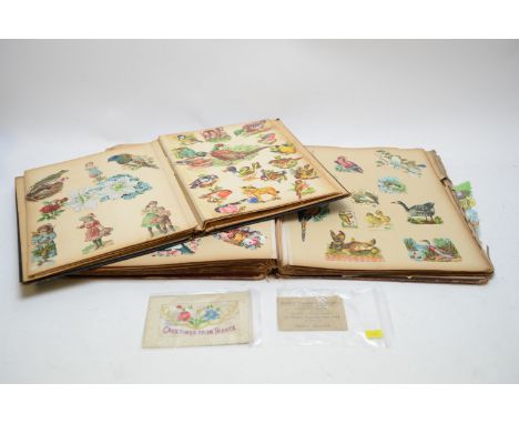 Two 19th Century 'Scrap' cut paper albums; a First World Period silk postcard; and a Worker's Playtime Concert ticket.