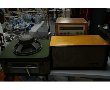 An Armstrong amplifier/tuner; a BSR Precision turntable; an Audiotrine High Fidelity loudspeaker; a Baird reel-to-reel player