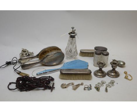 A silver-mounted cut glass aspirator with light-blue enamel decoration; dressing table items, including: hand brushes; clothe