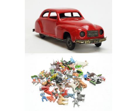 Chad Valley, England: a tinplate clockwork Rover car: and Plastic and metal toy figures by Britains, Britains Deetail, Cresce