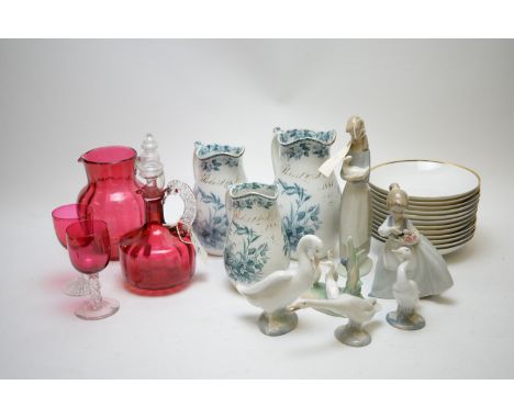Six Nao figurines; a selection of Thomas, Germany, dinner bowls; three graduated Staffordshire nest pattern jugs with gilt in