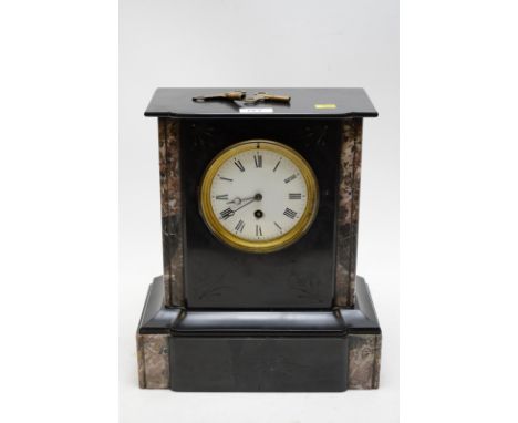 A black and coloured marble mantel clock, with white enamel roman dial, fitted a barrel movement.