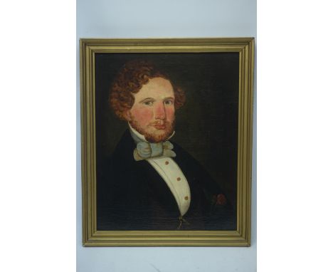 19th Century British School - A portrait of a Victorian gentleman with red hair and beard, wearing a light-blue bowtie and a 