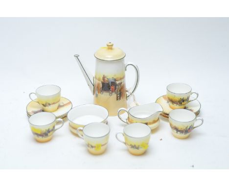 A six place setting Royal Doulton coffee service, decorated with coaching scenes, including: cups, saucers, coffee pot, sugar