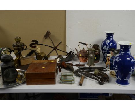Metalware, to include: An LNER railway lamp; other oil lamps; a weather vane; sheep shears; a scythe; a pair of modern Chines