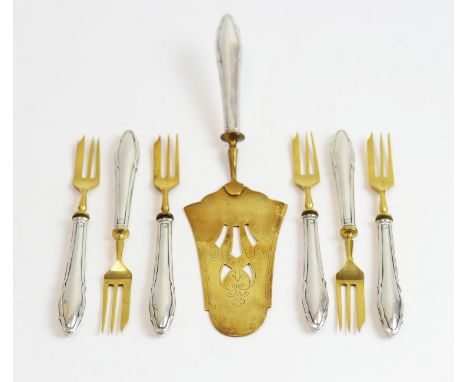 A late 19th Century German cake slice and forks, with 800 standard silver-filled shaped handles, brass slice head and fork ti