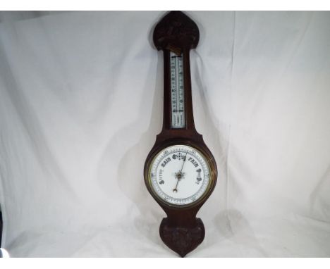 An oak framed Banjo Barometer / Thermometer, ca 1920s- Est £20 - £40