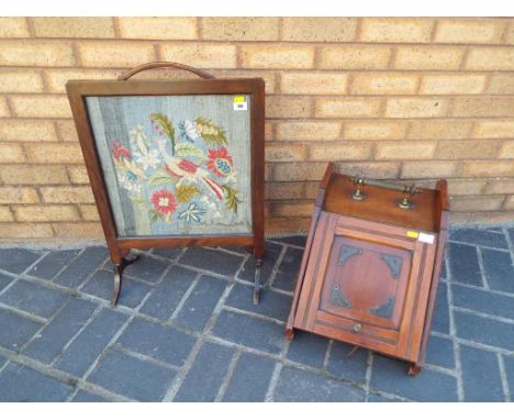 A Victorian walnut purdonium and an oak 1920's tapestry fire screen.