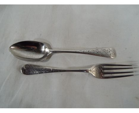 A child's hallmarked silver fork and spoon with ornate decoration, stamped to the back with the makers mark JR, Sheffield ass
