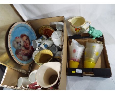 A good mixed lot to include a collection of glassware and ceramics, vintage glass light shades, a Sylvac dog model # 205, a w
