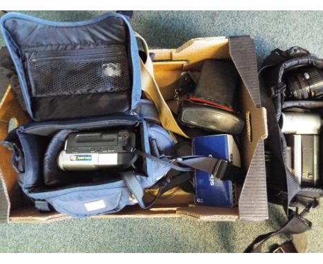 A good lot to include a Sharp "Viewcam" camcorder, a Samsung camcorder, both cased, a quantity of camera equipment to include