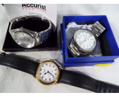 A gentleman’s stainless steel cased wristwatch by Accurist, boxed, together with a yellow metal gentleman’s wristwatch by Rot