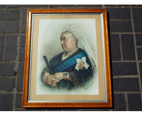 A large framed period colour print depicting a portrait of Queen Victoria, marked lower left 'Alf Cooke, Queen's Printer, Lee