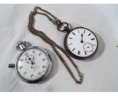 A silver hallmarked cased pocket watch and silver fob chain, also included is a Smith's stopwatch marked verso No 9.
