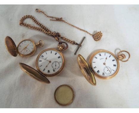 A collection of plated pocket watches by Elgin and Waltham, a chain and fob and a further chain. Estimate £30 - £50
