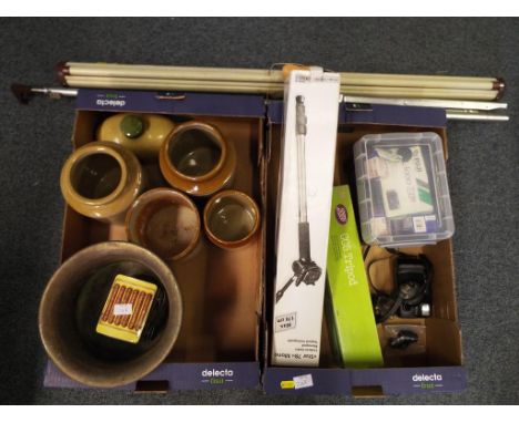 A good mixed lot to include a collection of stoneware, pots, bed warmer, a jardiniere, a quantity of camera equipment and min