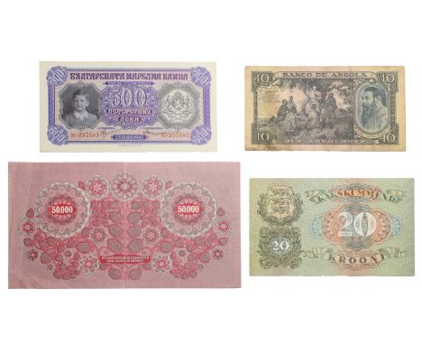 Notes, a selection of banknotes including an Austrian 50,000 Kronen, 1922, serial number 016016, NVF or better with a central