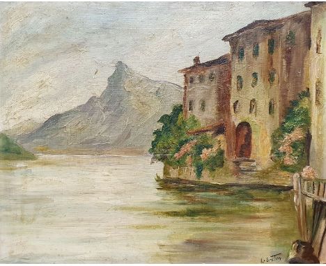 L. Breton - 20th century
Oil on board
Continental landscape featuring a river with dwellings in the foreground, mountain in t