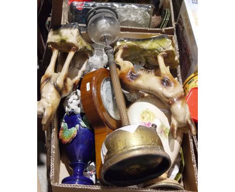 Two plaster models&nbsp;of alsatians, a brass paraffin lamp, a quantity of John Tams dinner plates and saucers&nbsp;and assor
