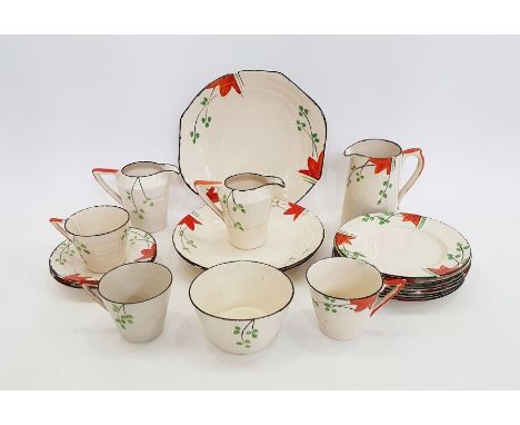 Hampton Pottery Art Deco "Ivory" pattern part service to include three cups &amp; saucers, three jugs, sugar bowl, eight side