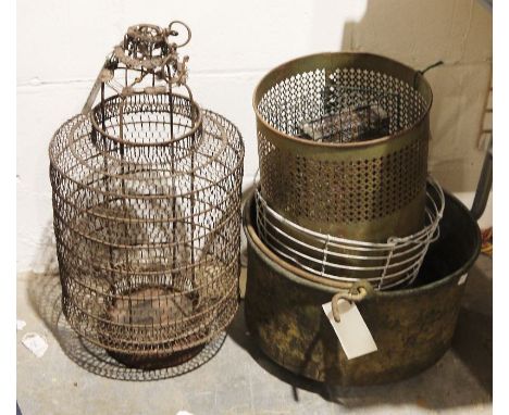 Large copper pot, a metal mesh ceiling light&nbsp;and various other metalwares&nbsp;