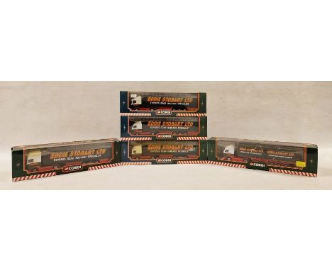 Five Boxed Corgi Eddie Stobart diecast models to include 59504 Volvo Curtainside Trailer, 59502 ERF Curtainside Trailer, TY87