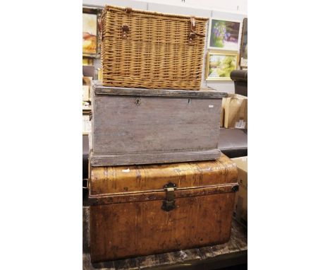 Metal trunk, a wicker picnic hamper&nbsp;and a painted wooden chest&nbsp;(3)&nbsp;