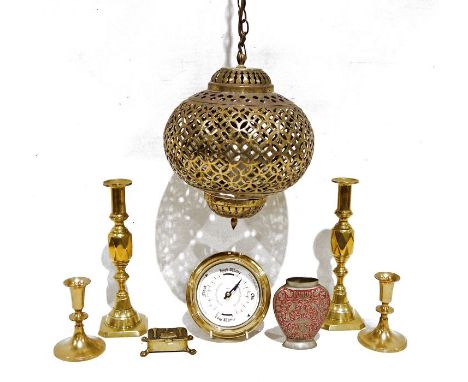 Copper coal bucket, a pair of brass candlesticks, another pair of smaller brass candlesticks, a pierced brass ceiling light, 
