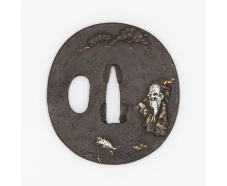 19th century iron tsuba with Chinese scholar and crane Size: 6.2 x 75.8 x 0.5 cm (C) 2.7 x 0.6 cm Condition: Wear consistent 